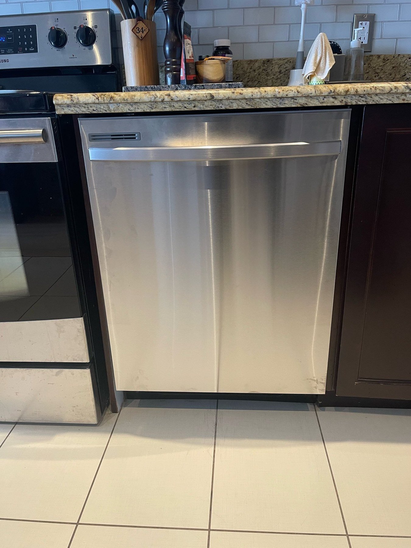 Installed stainless steel dishwasher